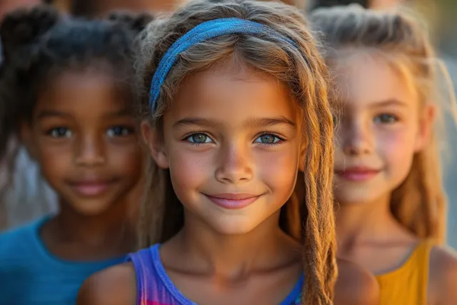 Children friends hug and smile together outdoors in a sunny park with a softly blurred colorful background.