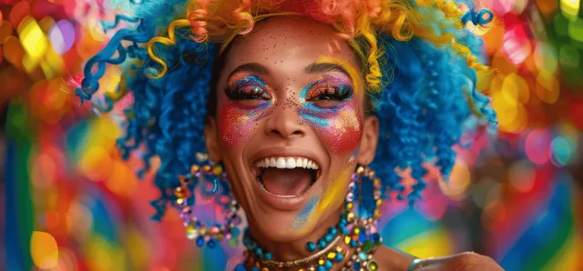 Smiling drag queen with bright makeup and blue wig screaming delight before rainbow bokeh