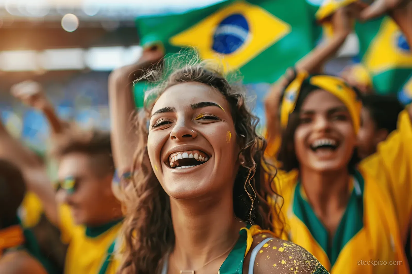 A smiling Brazilian woman cheers in stadium stands with Brazil flags waving behind her.