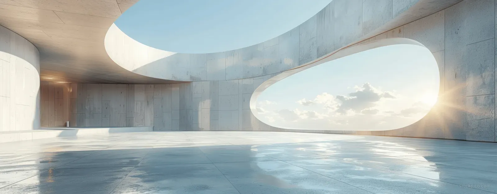 Minimalist concrete interior with curved wall openings above a reflective floor surface under bright daylight.