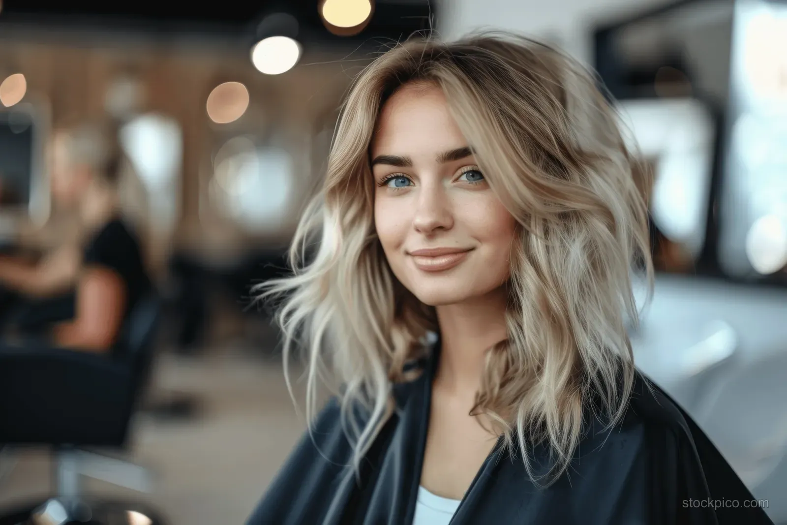 Blonde woman in a salon chair wearing a black cape while a stylist adjusts her hair.