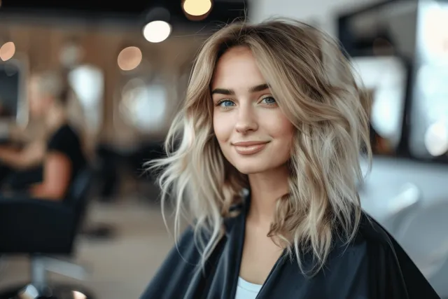 Blonde woman in a salon chair wearing a black cape while a stylist adjusts her hair.