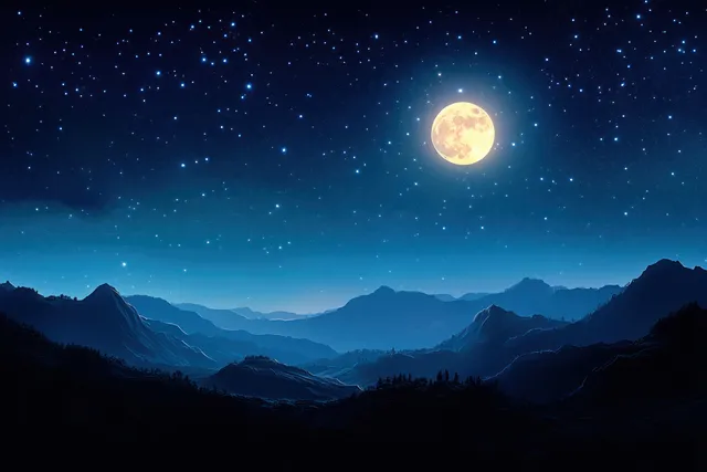Silhouetted mountains at night beneath a glowing moon and scattered stars over a dark blue sky.