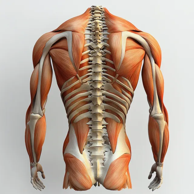 Rear anatomical illustration highlighting erector spinae muscles along the spine with pelvis and lumbar vertebrae detail.