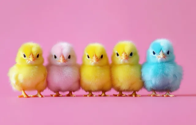 Five baby chicks with yellow, pink, and blue feathers stand in a row on a pink background, facing forward.