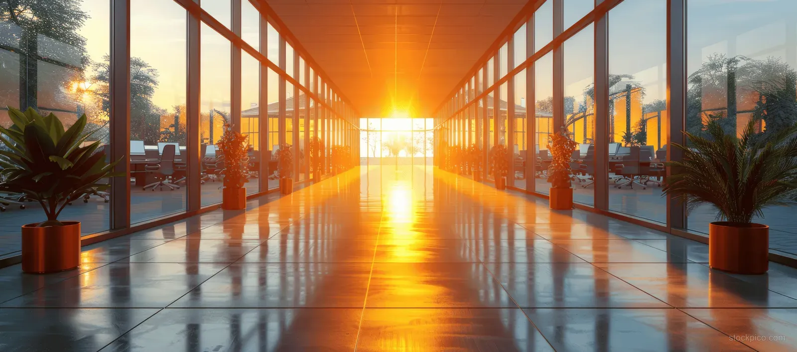 Sunlit office corridor with glass walls, desks, computers, and potted plants stretching into the distance.