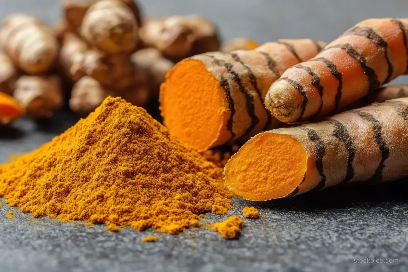 Orange turmeric powder heap beside whole and sliced turmeric roots on a dark stone surface.