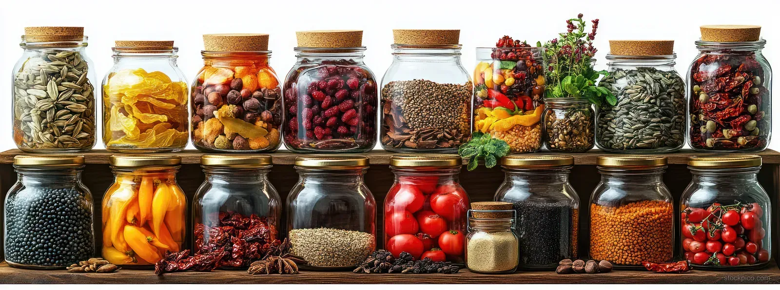 Two rows of clear glass jars filled with dried seeds, spices, peppers, tomato pieces, and herbs on wooden shelves.