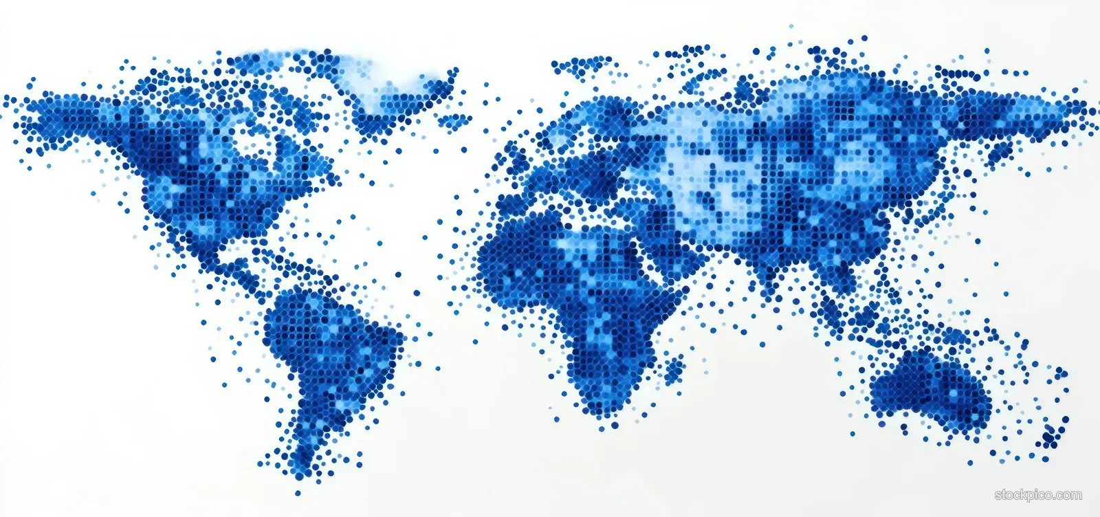 Dotted blue world map with continent shapes made of squares and pixels on a white background.