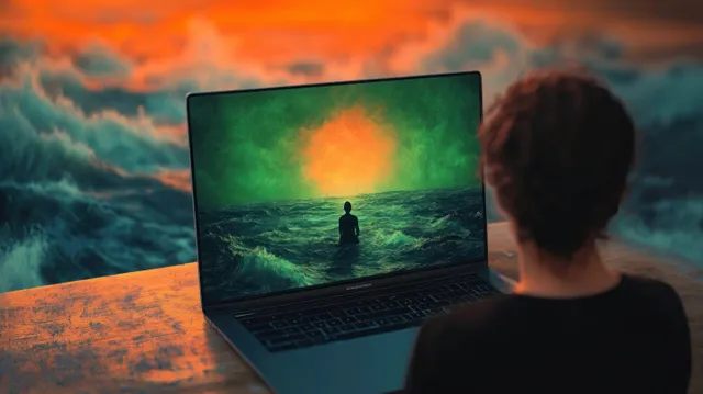Back-view person watching a laptop screen with a silhouetted figure over stormy ocean waves under an orange sunset.