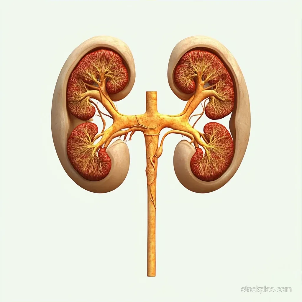 Illustrated human kidneys with renal arteries and veins, showing internal kidney regions on a light background.