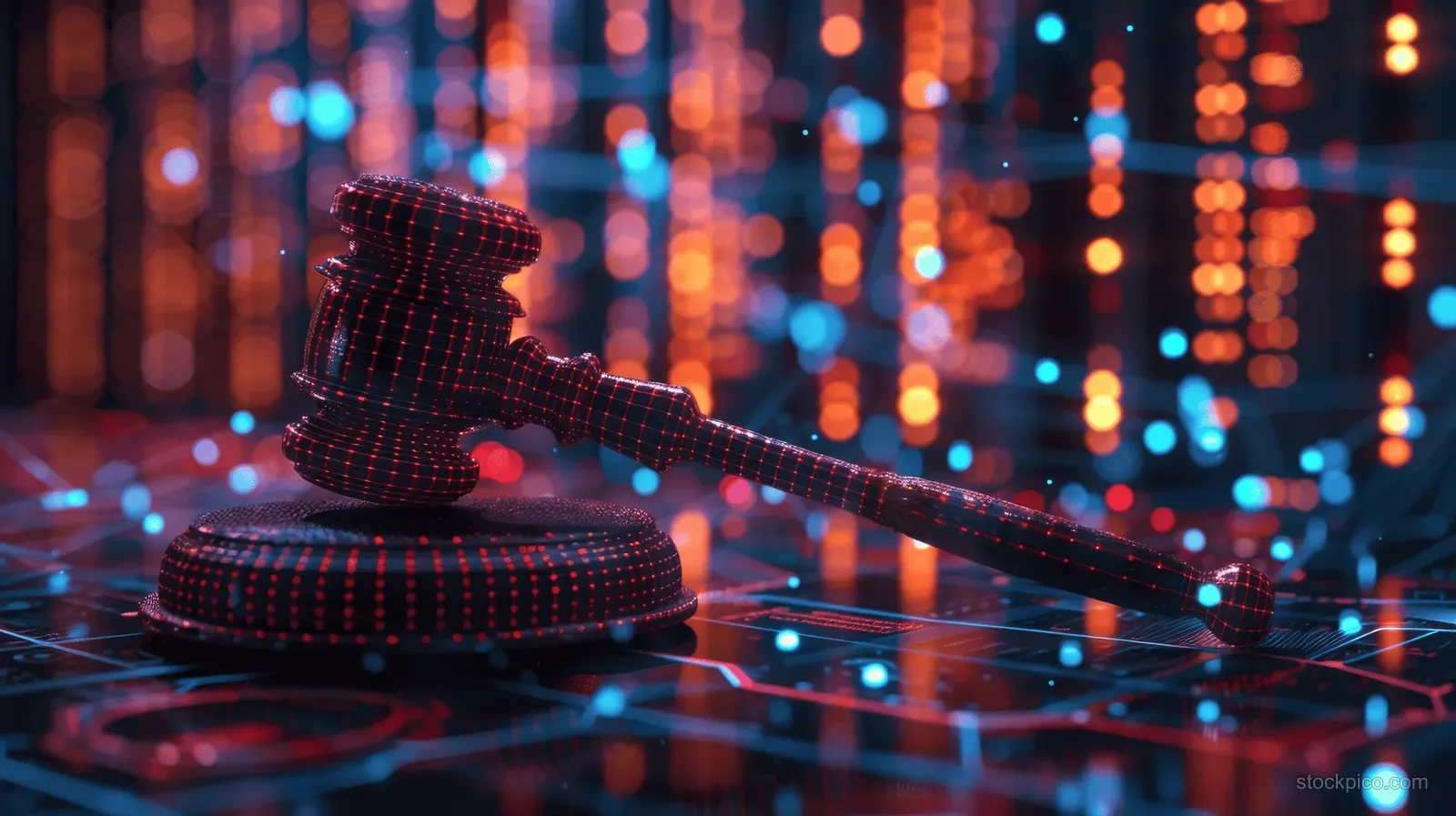 A holographic digital gavel rests on glowing circuit surfaces with streaming data lights in the background.