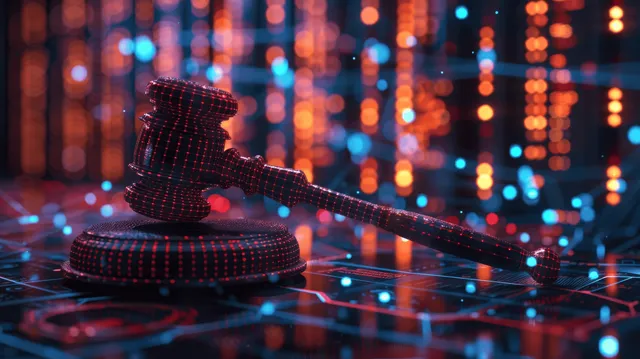 Holographic digital gavel with glowing circuits and streaming data in a cyber court scene