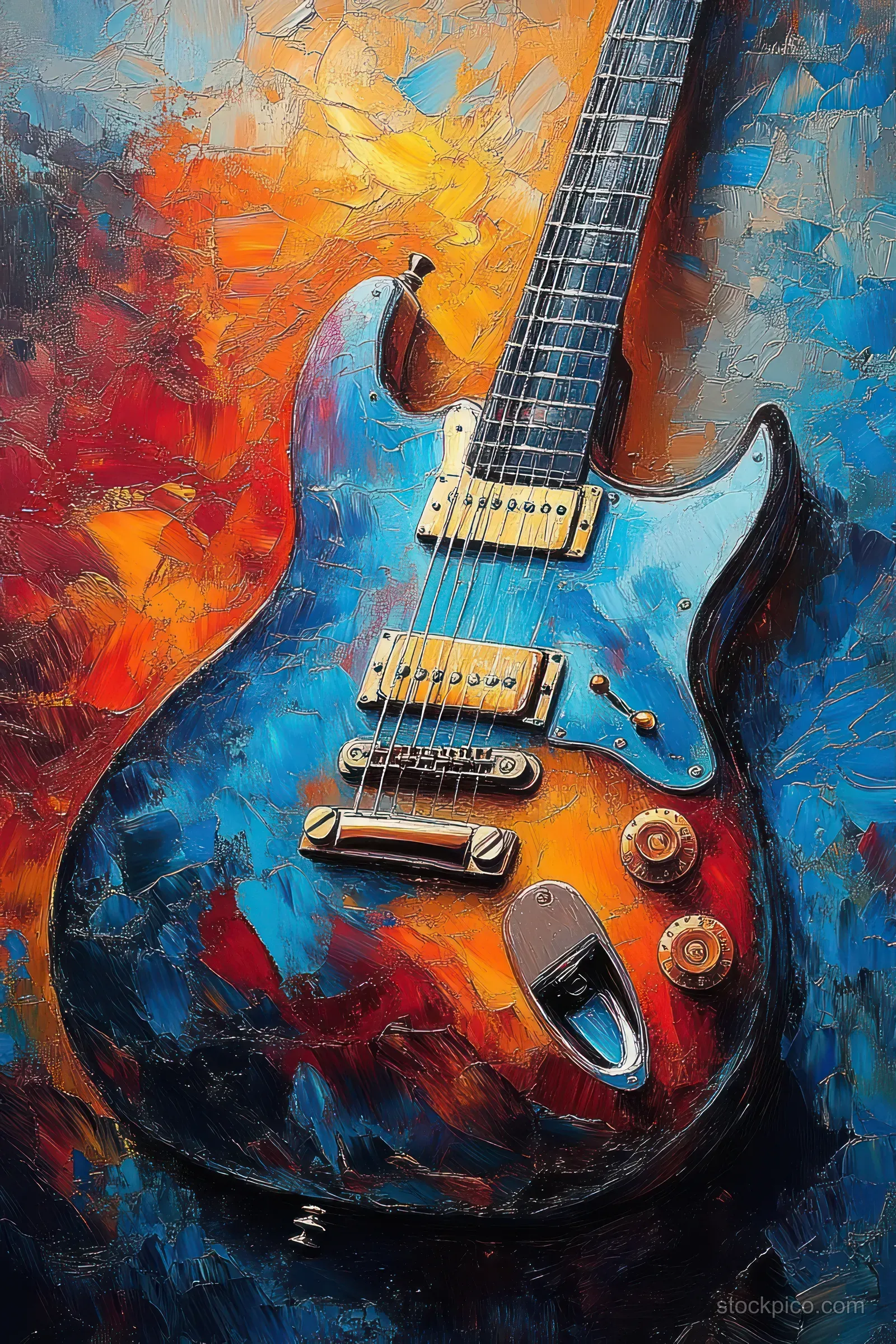 Electric guitar with textured blue-orange-red paint strokes and strings visible against a vivid abstract background.