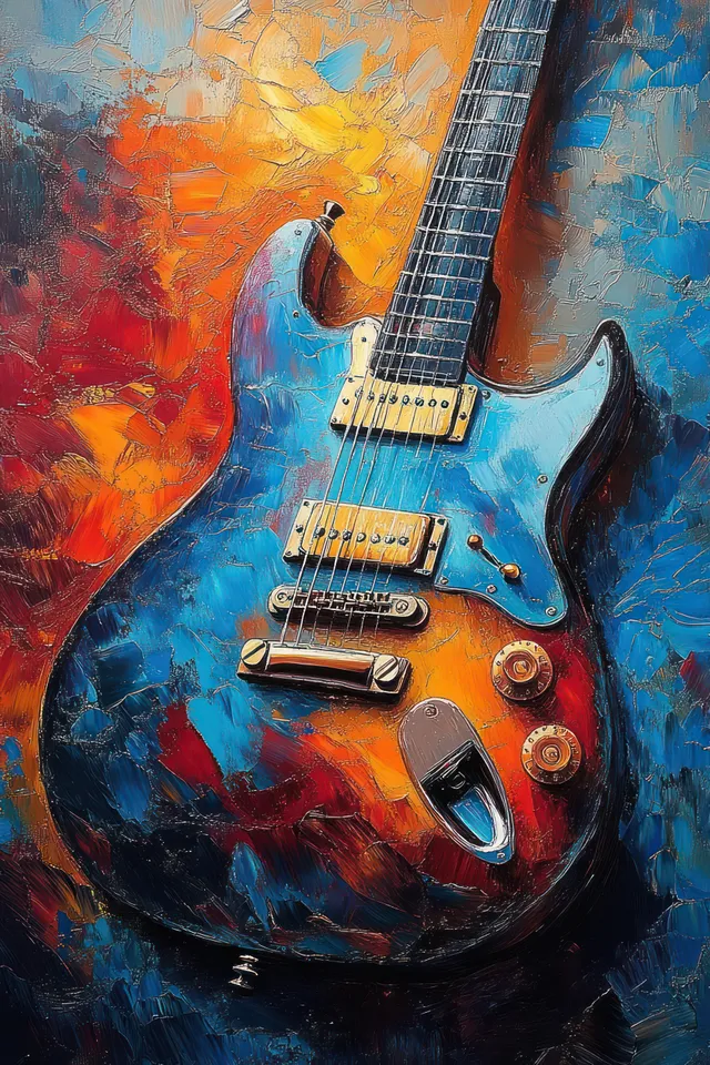 Electric guitar with textured blue-orange-red paint strokes and strings visible against a vivid abstract background.