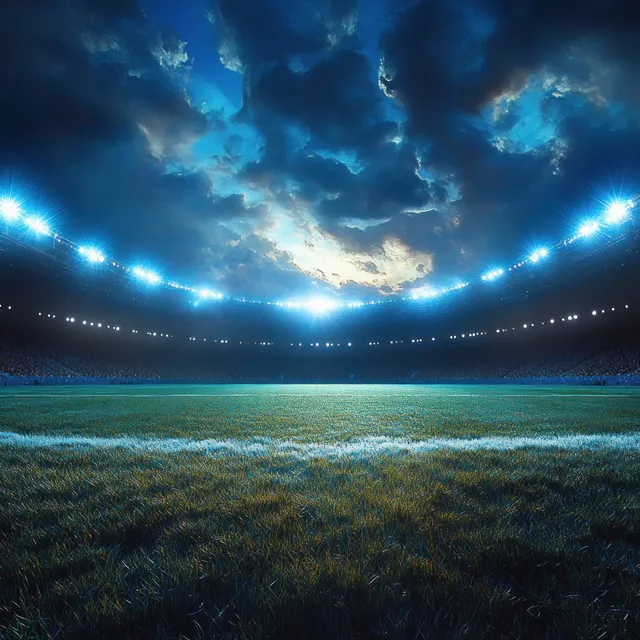 Night football stadium with bright floodlights illuminating a grass field under dramatic cloudy sky.