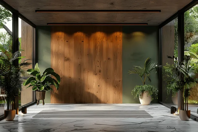 Minimalist dining space with a wooden-panel wall, centered table, warm light, and potted plants near open windows.