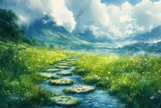 A winding stream with stepping stones flows through a green meadow toward misty hills under a bright sky.