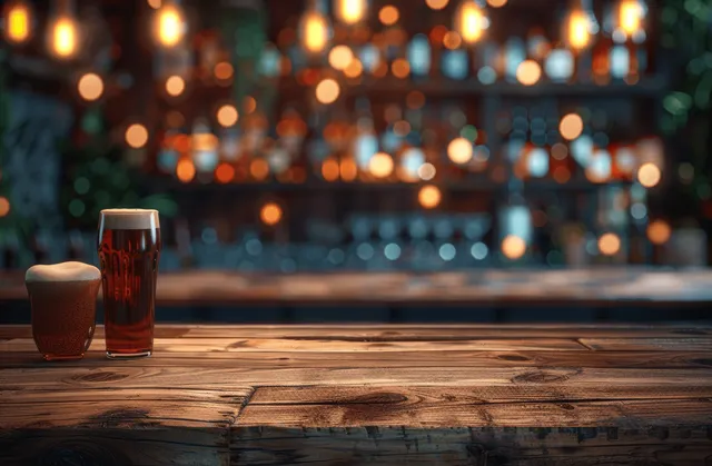 Empty wooden tabletop in a cozy pub with warm bokeh bar lights and beer mugs