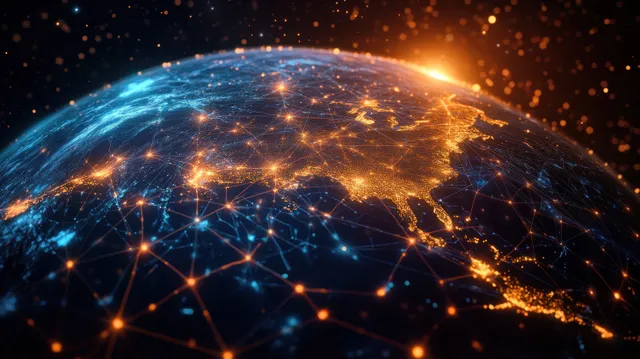 Illuminated globe with glowing network lines over North America at sunrise
