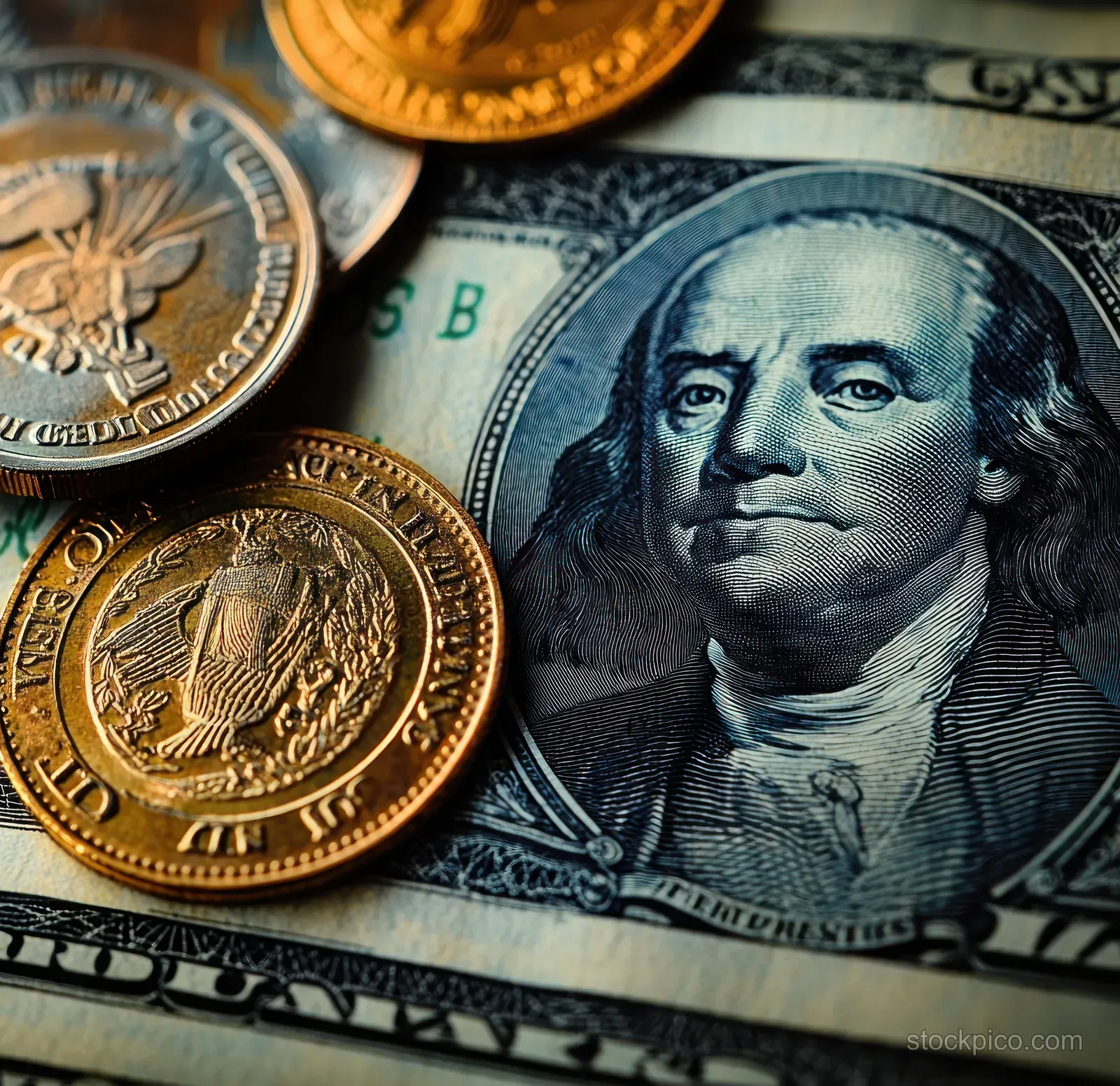 Gold and silver coins rest on a US hundred-dollar bill with the portrait visible under warm light.