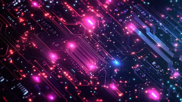 Glowing circuit board with neon pink and blue pathways