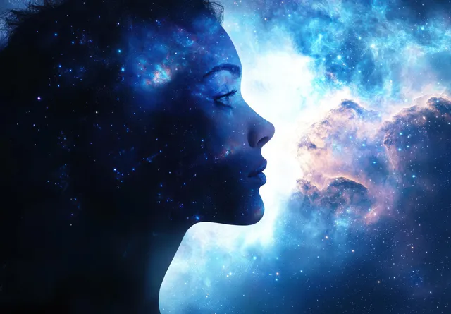 Woman meditates in cosmic silhouette, glowing aura and nebula galaxy background