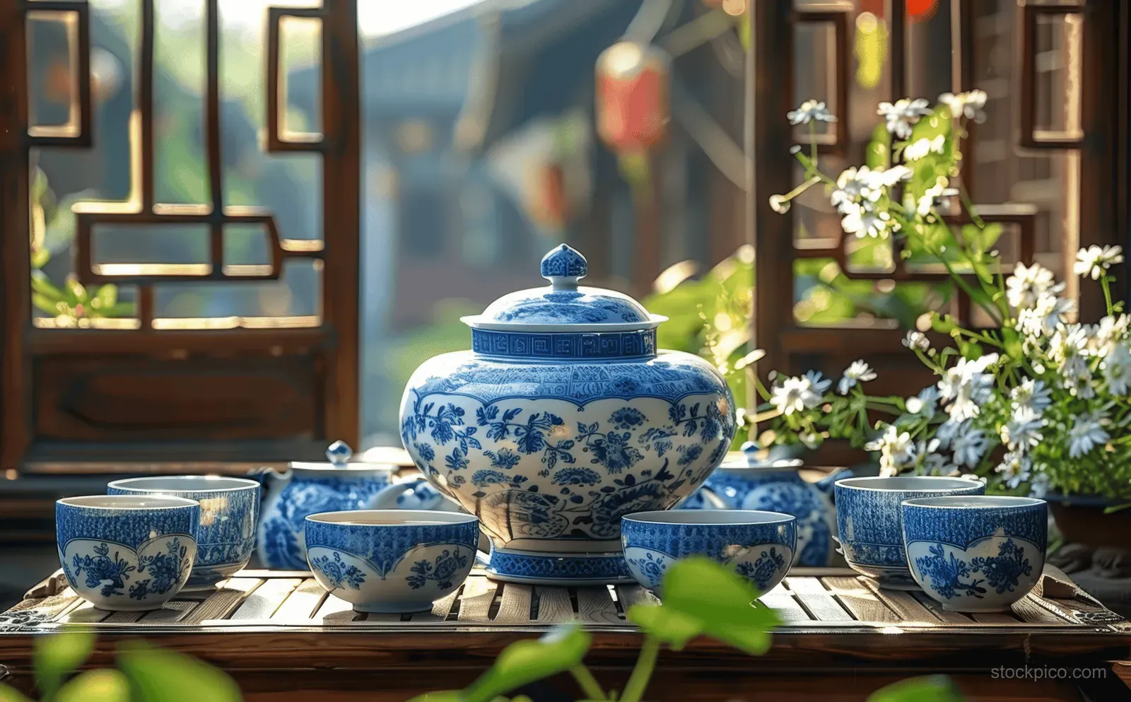 Blue and white porcelain teapot and tea cups on a wooden table with blooming flowers in warm sunlight.