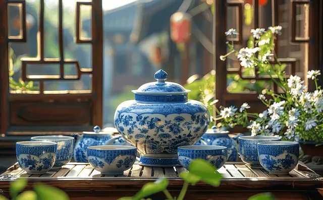 Blue and white porcelain teapot and tea cups on a wooden table with blooming flowers in warm sunlight.