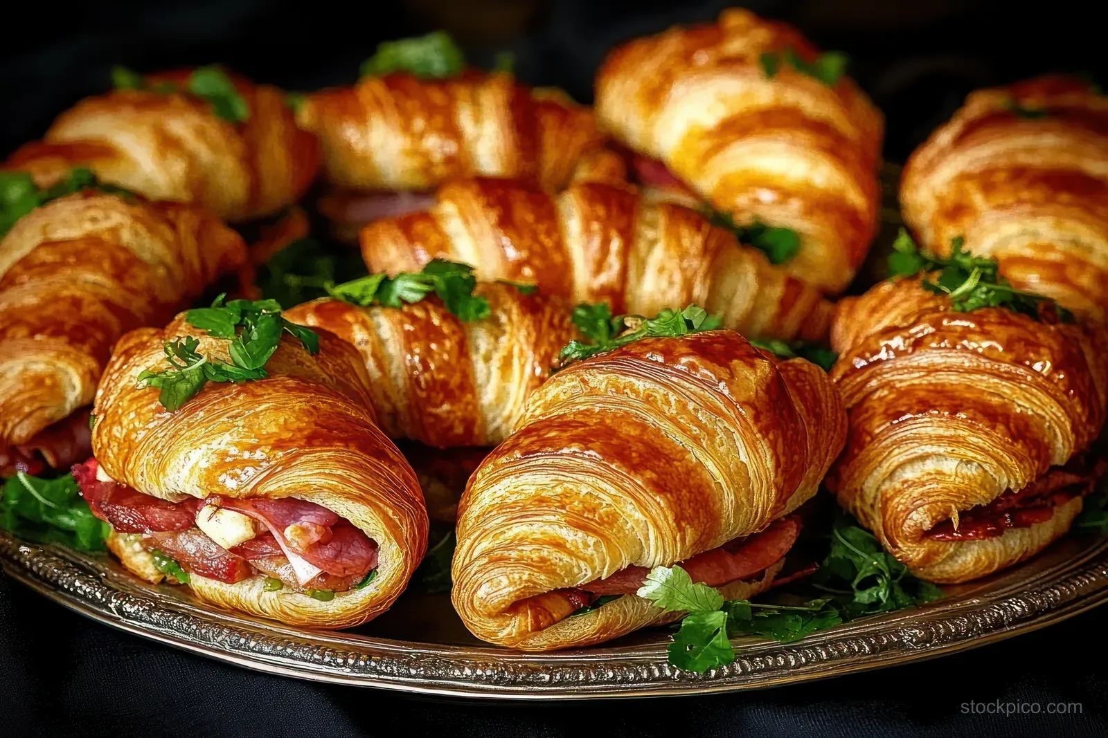 Golden bacon and cheese croissant sandwiches on a black plate, topped with fresh green herbs.