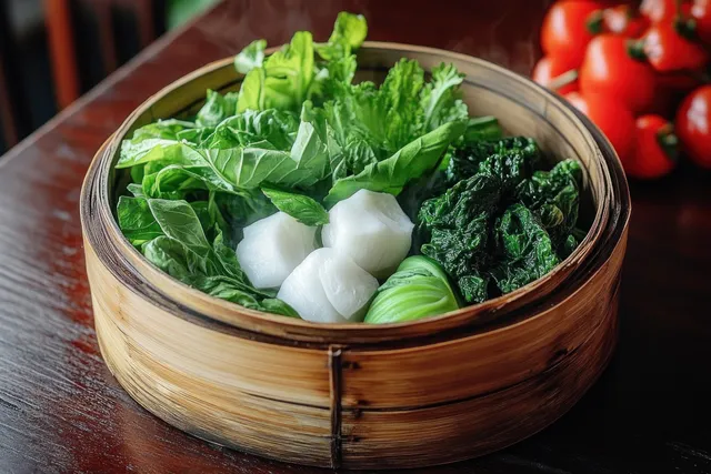 Bamboo steamer filled with leafy greens and radish on rustic wooden table