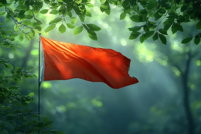 Polish flag waving outdoors beneath leafy tree branches in dappled sunlight.