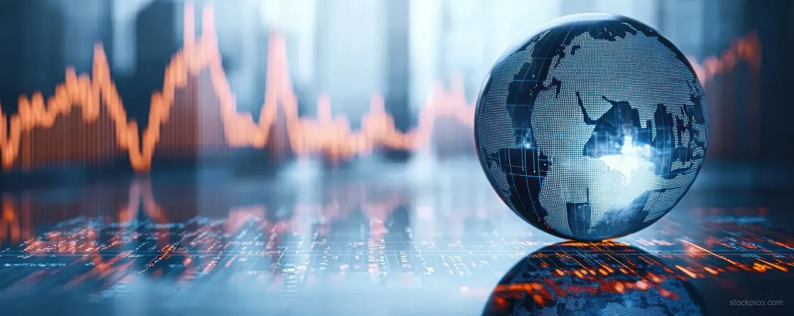 Transparent globe in front of a glowing economy chart with rising financial data lines.