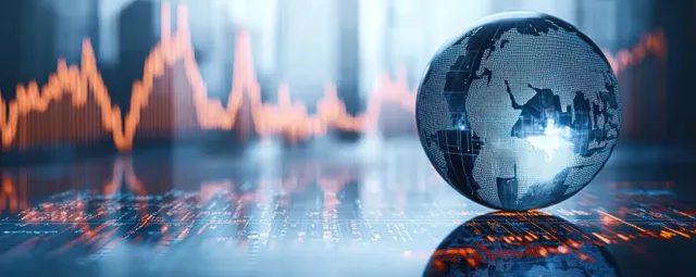 Transparent globe floats beside rising economy chart with glowing financial data lines