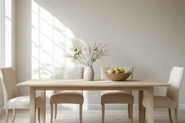 Minimal Scandinavian dining area with a wooden table, chairs, and a fruit bowl by a sunlit window.