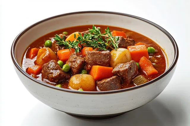 Vibrant beef stew with vegetables simmered in a modern bowl against clean white background