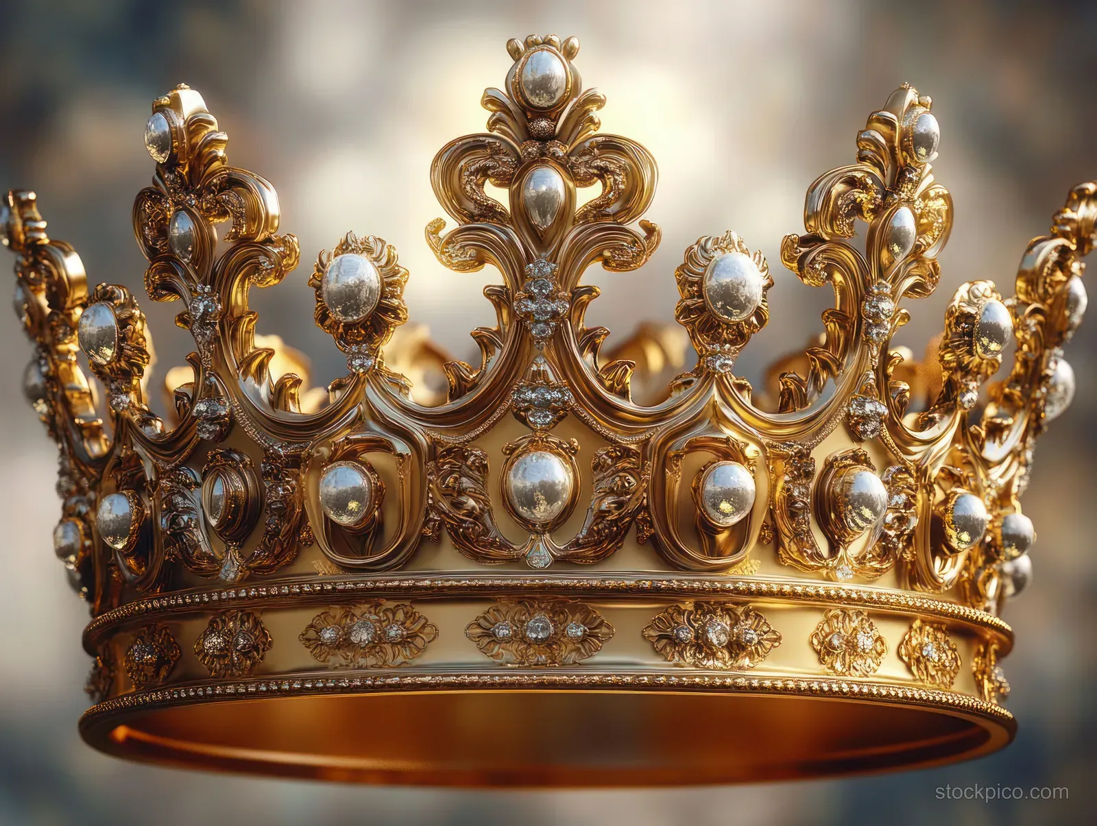 Ornate golden crown decorated with large pearls and gemstones against a softly blurred background.