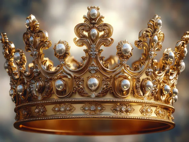 Ornate golden crown decorated with large pearls and gemstones against a softly blurred background.