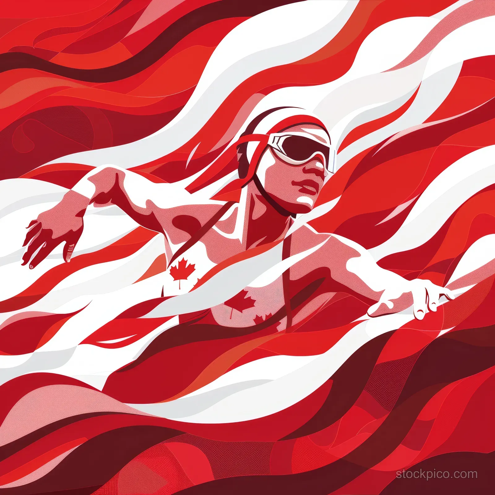 A female swimmer in backstroke pose swims through red-and-white wave patterns symbolizing Canada.