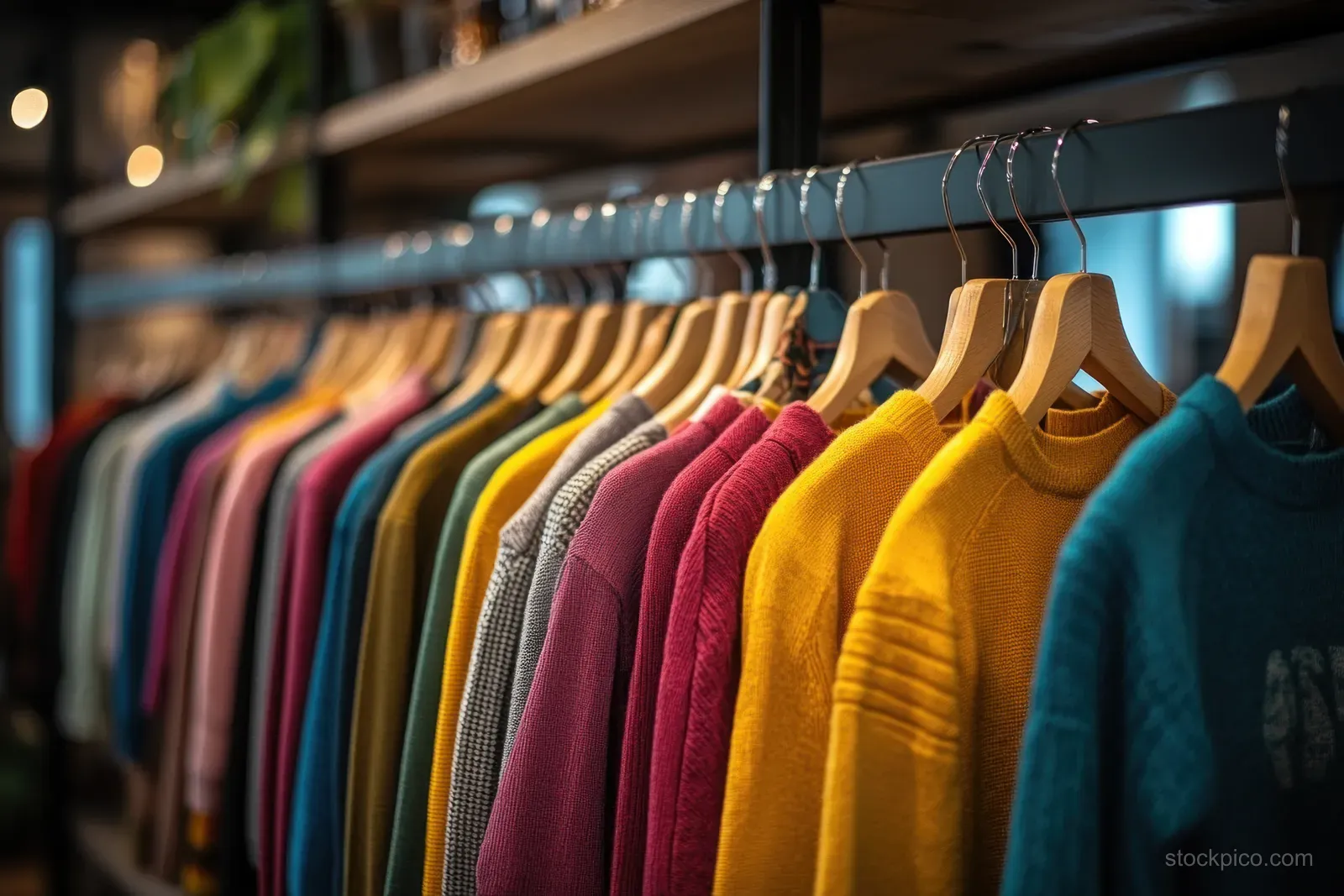 Colorful shirts hang on wooden hangers in a boutique store under warm interior lighting.