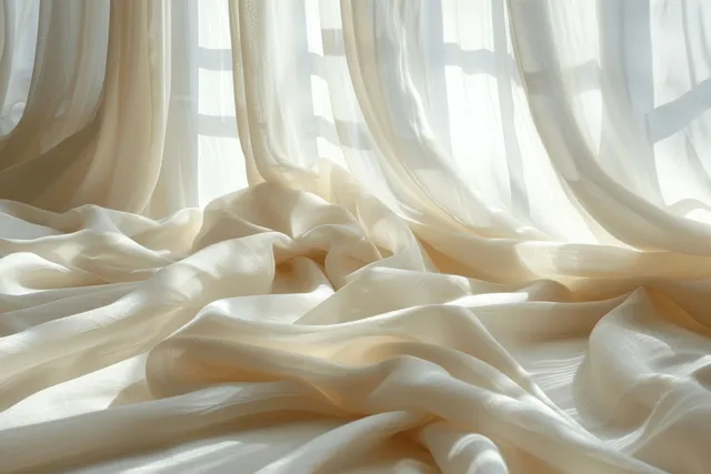 Beige linen draped in window sunlight with soft shadows and detailed fabric folds