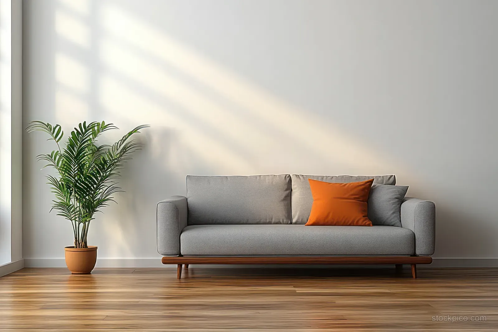 Gray sofa with an orange pillow and a green potted plant beside it in a minimalist living room with soft sunlight.