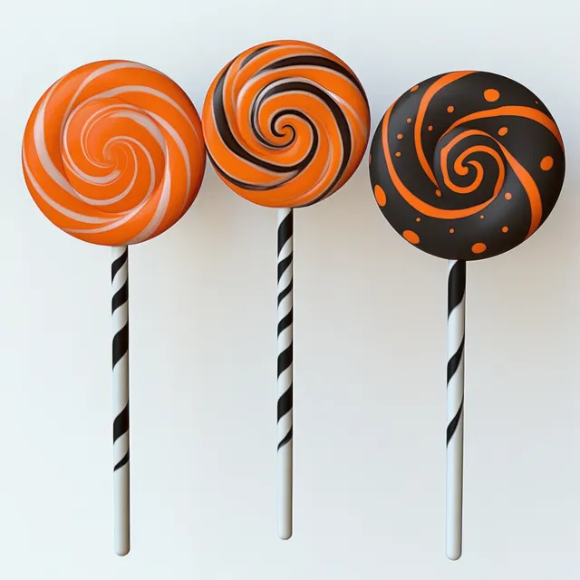 Three upright orange and black swirl lollipops with striped sticks on a white background.