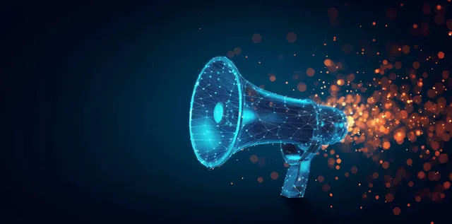 Blue neon megaphone blasting glowing particles into a dark cyber communication space