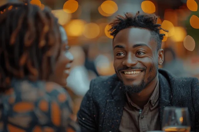 A smiling man with short dreadlocks chats in a cozy cafe with warm bokeh lights behind him.
