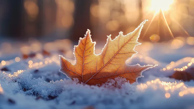 Frost-covered autumn leaves on snow, warm sunrise glow behind for serene winter texture