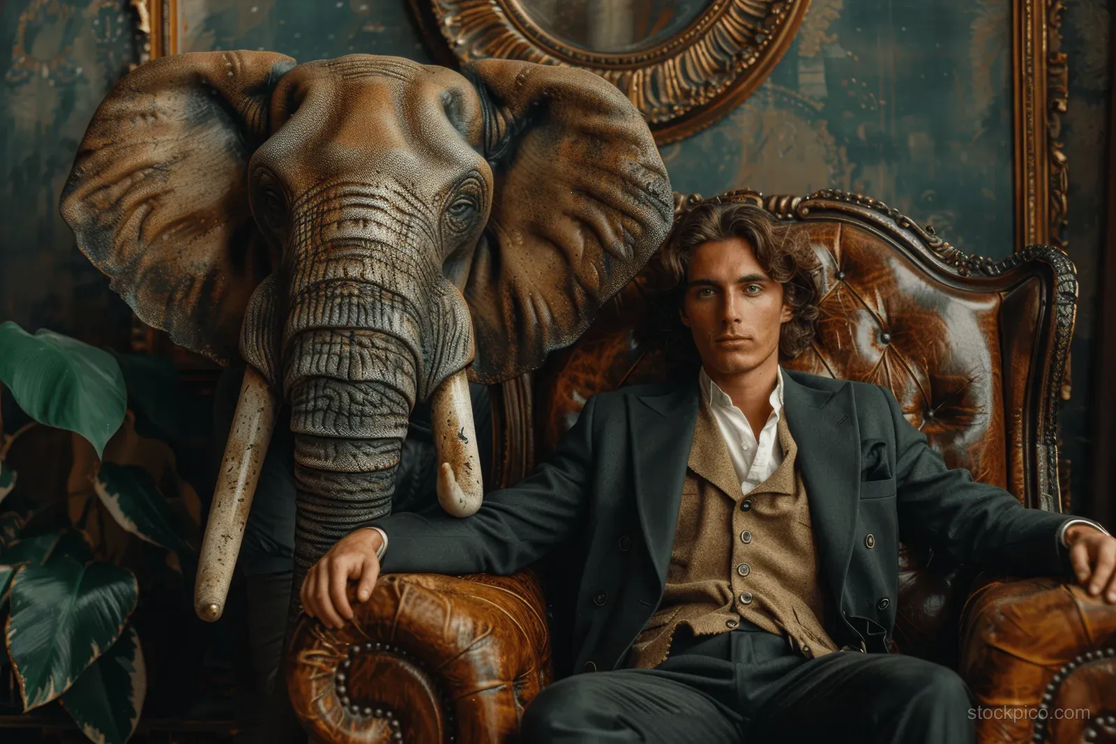 A suited businessman sits on a tufted leather sofa beside an oversized elephant head in a richly decorated room.