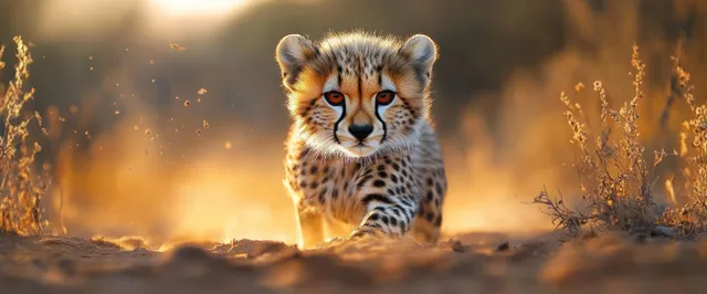 Young Cheetah Cub Walking Cautiously in Golden Savanna Light