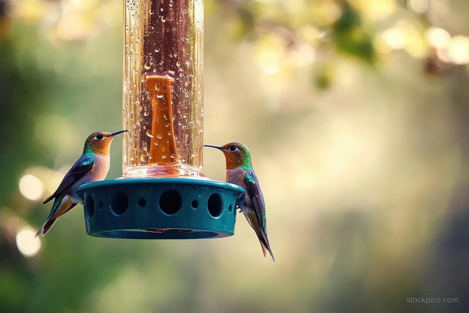 Two hummingbirds feed from opposite sides of a clear bird nectar feeder with water droplets in soft light.