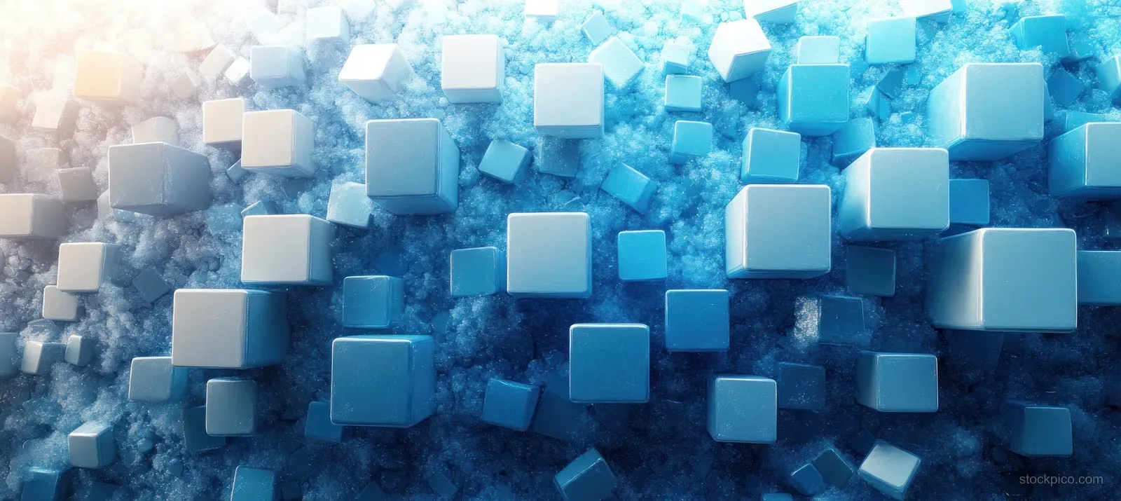 Scattered blue and white cube tiles drift over a soft blue gradient background with subtle shadows.
